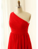 One Shoulder Red Chiffon Pleated Bridesmaid Dress